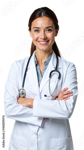 Female doctor standing and smiling, Wearing stethoscope and white coat, Studio portrait on white background, Emphasizing approachability and professionalism in healthcare