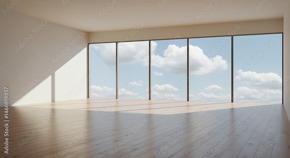 Fototapeta premium Empty yoga studio with wooden flooring, windows with blue sky and clouds