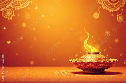 Traditional diwali oil lamp with glowing flames against ornate background