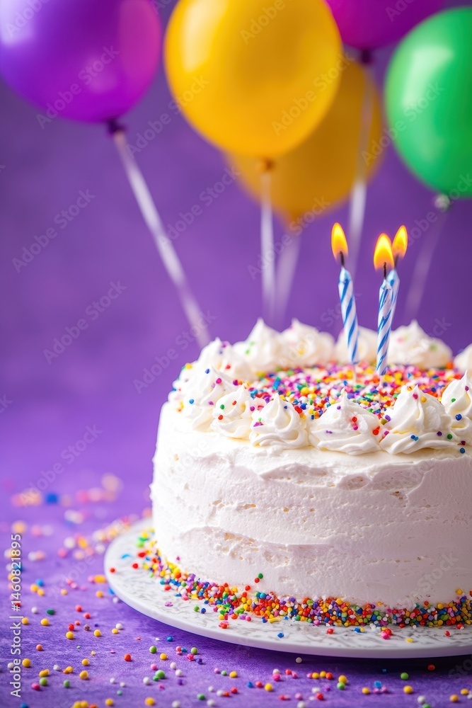 Close-up of Birthday Cake with Candles and Balloons on Purple Background, Celebration Scene, Festive Occasion, Sweet Treat, Party Time Close-up of Birthday Cake with Candles and Balloons on Purple Background, Celebration Scene, Festive Occasion, Sweet Treat, Party Time