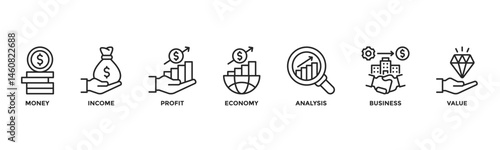 Cash flow line icons collection containing money, income, profit, economy, analysis, business and value. Perfect for financial, accounting and business presentations or web design.