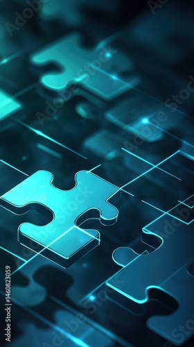 Luminous Puzzle Pieces on Dark Surface Close Up Abstract Concept of Connection Solution Strategy Integration Teamwork