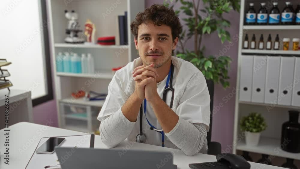 Attractive man in medical uniform sits confidently in a clinic room, suggesting a professional healthcare setting with essential tools visible around him. Attractive man in medical uniform sits confidently in a clinic room, suggesting a professional healthcare setting with essential tools visible around him.
