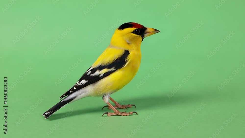 Close up of a bright yellow bird with black and red markings standing on a green surface green screen video Close up of a bright yellow bird with black and red markings standing on a green surface green screen video