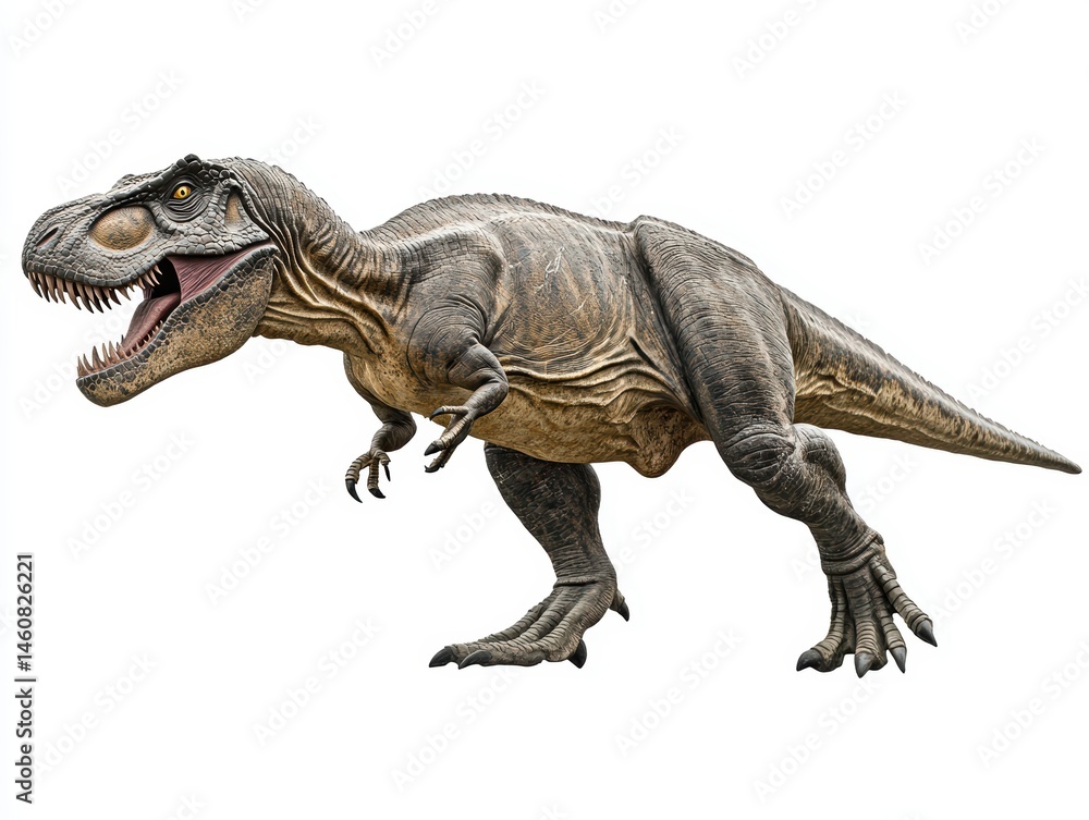 Obraz premium Tyrannosaurus Rex Roaring on White Background Studio Shot Full Body Dinosaur Prehistoric Predator Reptile Fossil Extinct Animal