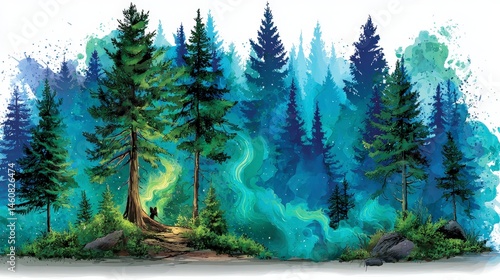 Enchanting Forest Illustration  Magical Trees  Serene Nature  Tranquil Scene