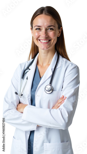 Thoughtful female doctor in profile view, Wearing stethoscope and white coat, Studio portrait on white background, Highlighting contemplation and dedication in healthcare