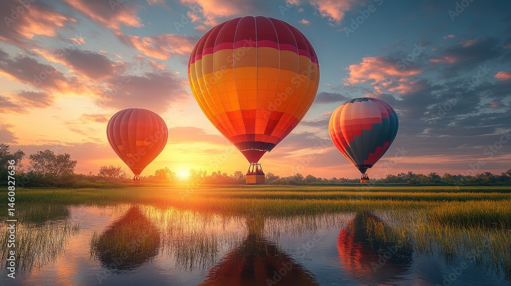 Fototapeta premium Colorful hot air balloons over a serene landscape at sunrise