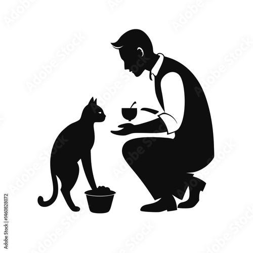man feeding a cat icon of silhouette vector illustration