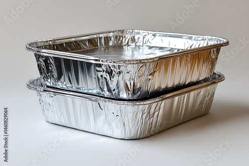 Stacked square aluminum foil baking pans show glossy silver surfaces in the light