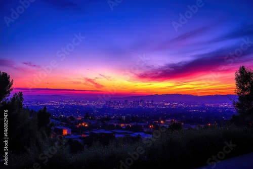 Los Angeles skyline at sunset from afar scenic view vibrant colors city lights twilight hour nature photography