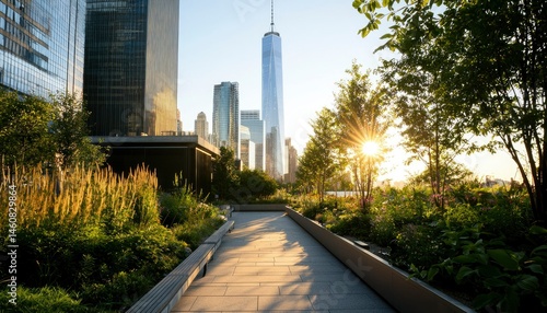 Urban parkway at sunrise. Cityscape view