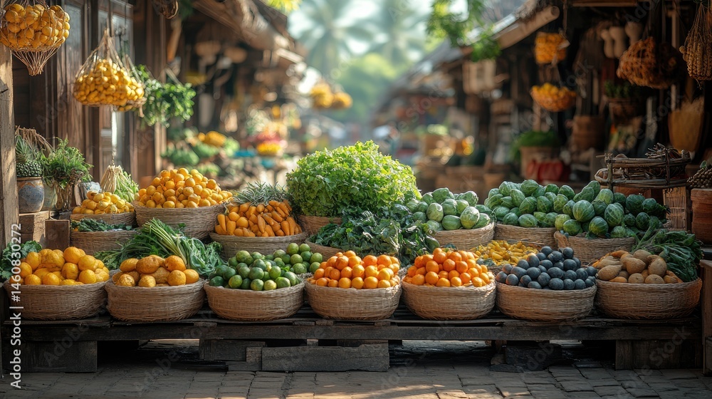 Fototapeta premium Colorful market stalls overflowing with fresh fruits and vegetables