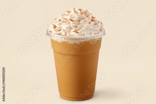 Fototapeta Naklejka Na Ścianę i Meble -  Delicious pumpkin spice latte in plastic cup topped with whipped cream and cinnamon powder on beige background studio shot