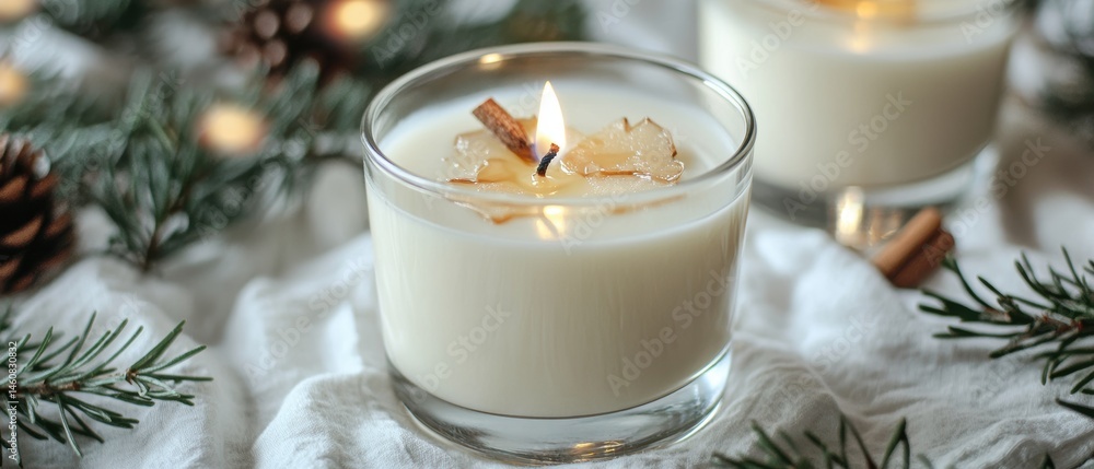 Holiday Scented Candle Burning in Glass Jar with Cinnamon Stick and Pine Branches Still Life Close Up Holiday Scented Candle Burning in Glass Jar with Cinnamon Stick and Pine Branches Still Life Close Up