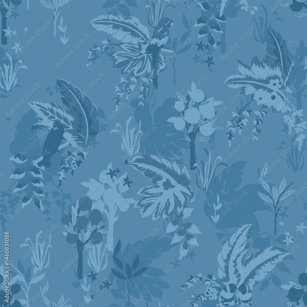 Fototapeta premium Blue Tropical Jungle Seamless Pattern with Birds and Foliage for Textile Print for Fabric