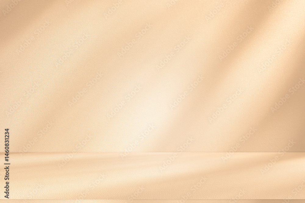 Wall interior background, studio and backdrops show products. with leaf shadow from window color beige and white. background for text insertion and presentation of product