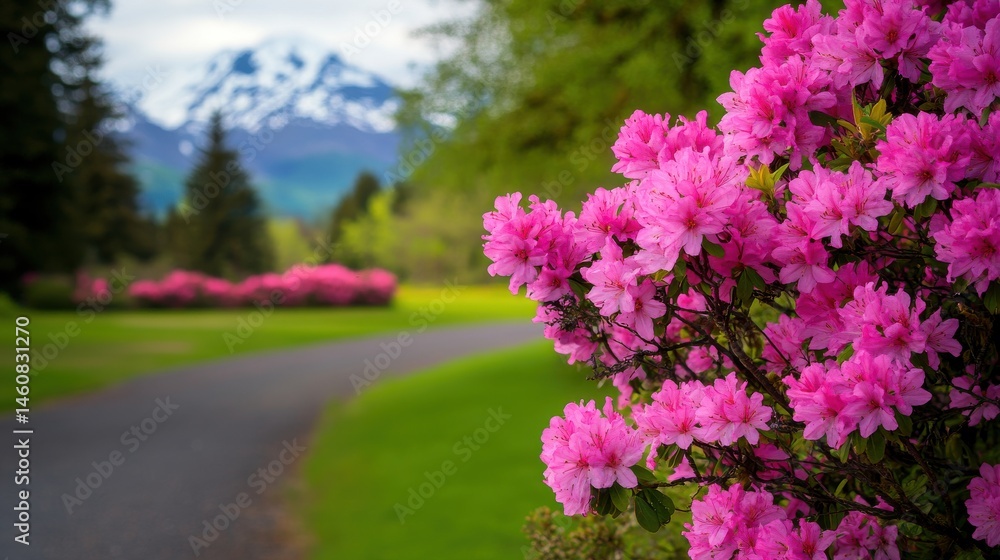 Obraz premium Vibrant flowers in a serene landscape, blossoming pink blooms near a winding path with mountains in the background, inviting tranquility.