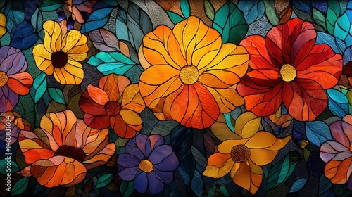 Wallpaper Mural Vibrant Floral Mosaic Stained Glass Artwork Close-Up Torontodigital.ca