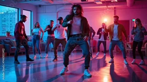 Energetic Young Adults Dancing in a Vibrant Studio Space