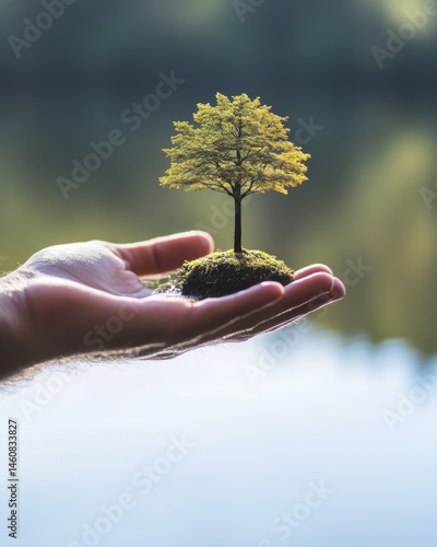 Hand holding small tree with moss, environmental concept, close-up shot, nature background, conservation idea, sustainable future, earth day