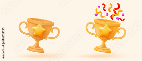 3d winner award with golden cup, gold winner stars for rewards ceremony. Contest ceremony first and second and third concept on podium. 3d trophy champion icon vector render illustration