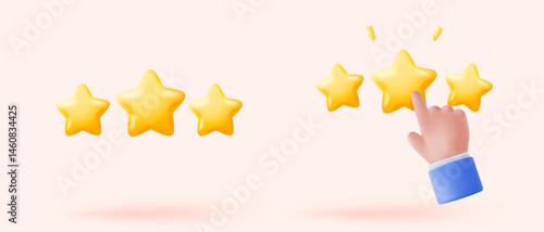3d stars rating for best excellent services. Result score for satisfaction in speech bubble. Review for quality customer rating feedback, product award review. 3d star icon vector render illustration