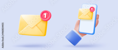 3d mail envelope icon with contact sheet on pastel background. Minimal email letter with letter paper read concept. 3d mail address with message icon vector render illustration