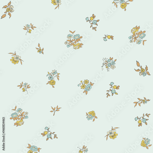 Pastel Yellow and Blue Floral Seamless Pattern for Textile Print for Fabric, Light Elegant Design