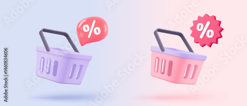 3d shopping bag with price tags for online shopping and digital marketing concept. Basket and promotion tag on background. Shopping bag for buy, sale, discount. 3d vector icon illustration