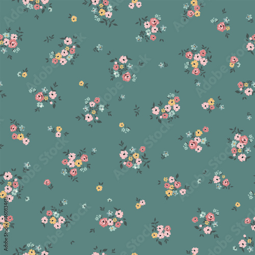 Seamless floral pattern for textile print and fabric, colorful vintage flowers on green background