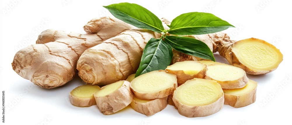 Fresh ginger root and slices with green leaves on white background close up studio shot still life food photography Fresh ginger root and slices with green leaves on white background close up studio shot still life food photography