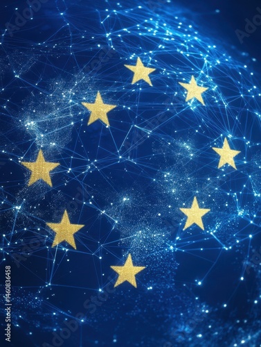 European Union digital network concept with golden stars on blue background for technology and innovation representation close up