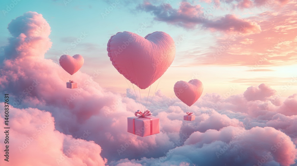 Fototapeta premium A Box flying on a parachute with pink cloud in valentine day,package flying down from sky and cloud with parachute, concept for delivery service,shopping online,air delivery service.