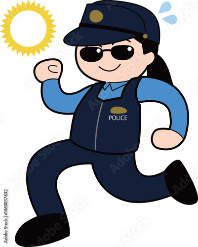 太陽と走るサングラスの女性警察官