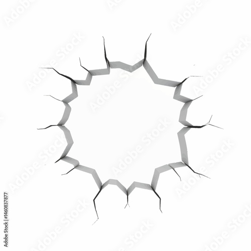 Circular crack on white surface background for creative design element and artistic presentation with depth
