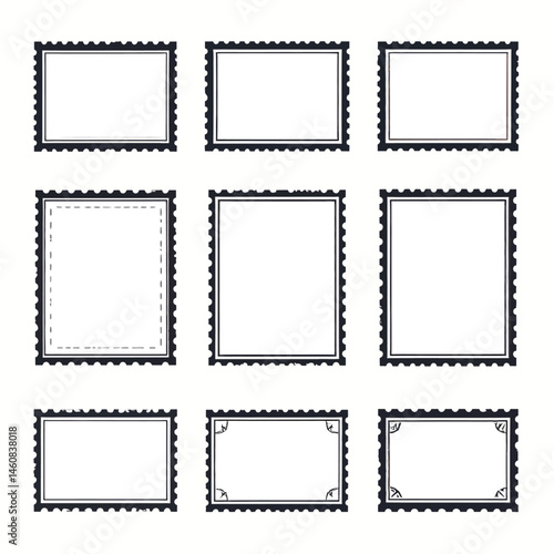 Collection of blank postage stamp frames with decorative borders for design and artwork projects, ideal for scrapbooking and creative applications
