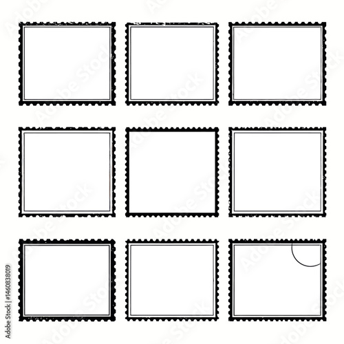 Collection of Blank Postage Stamps with Decorative Edges for Design and Creative Projects