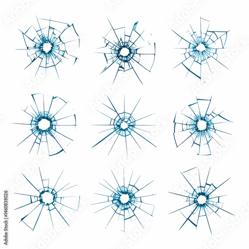 Collection of bullet hole cracks in glass simulating impact damage and vandalism on a white background