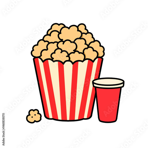 Illustration of snacks a popcorn and drink, is good as a sticker, logo, or icon with a white background.