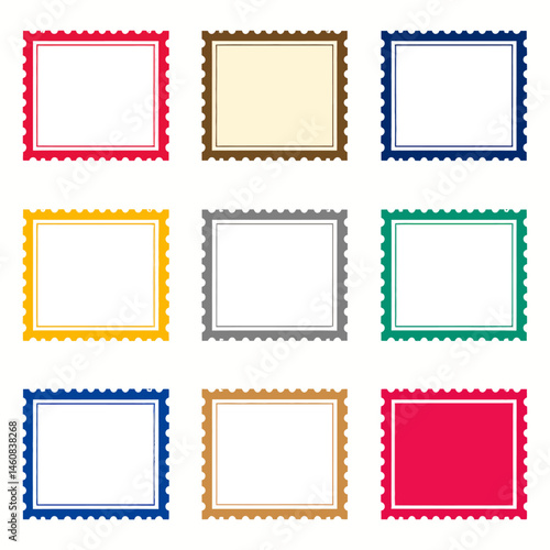 Collection of colorful postage stamp frames in various colors for graphic design projects and creative layouts