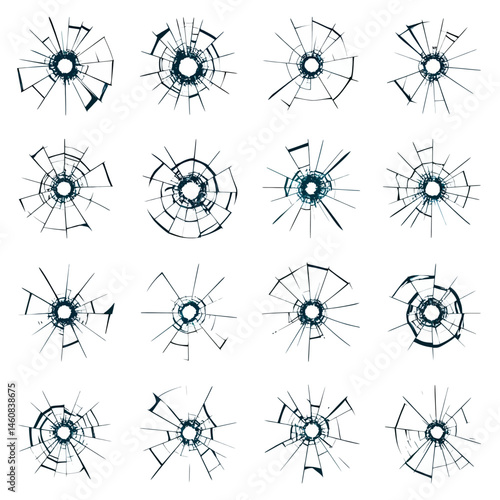 Collection of shattered glass patterns on white background perfect for design elements and overlays showcasing damage and fragility