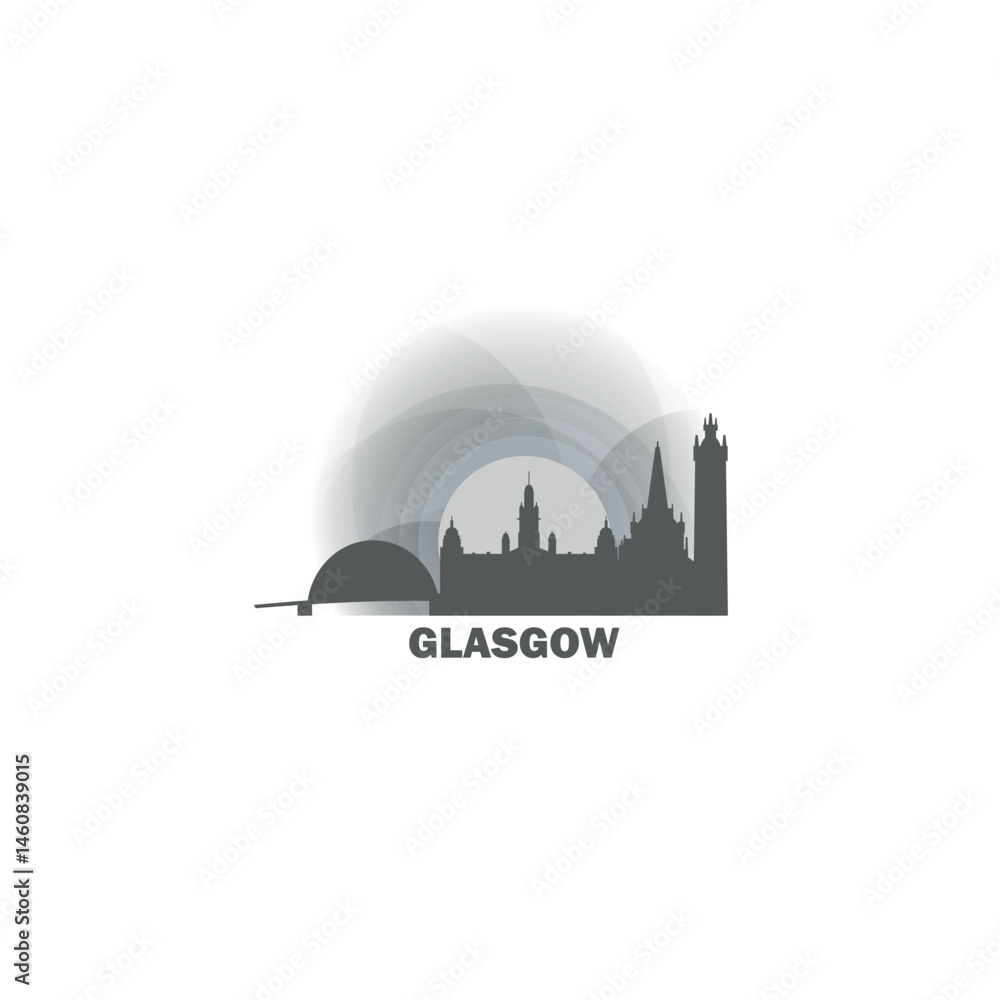 Obraz premium UK Scotland, Glasgow cityscape, skyline, city panorama vector flat logo, icon. United Kingdom townscape emblem concept with landmarks and building silhouettes at sunrise, sunset