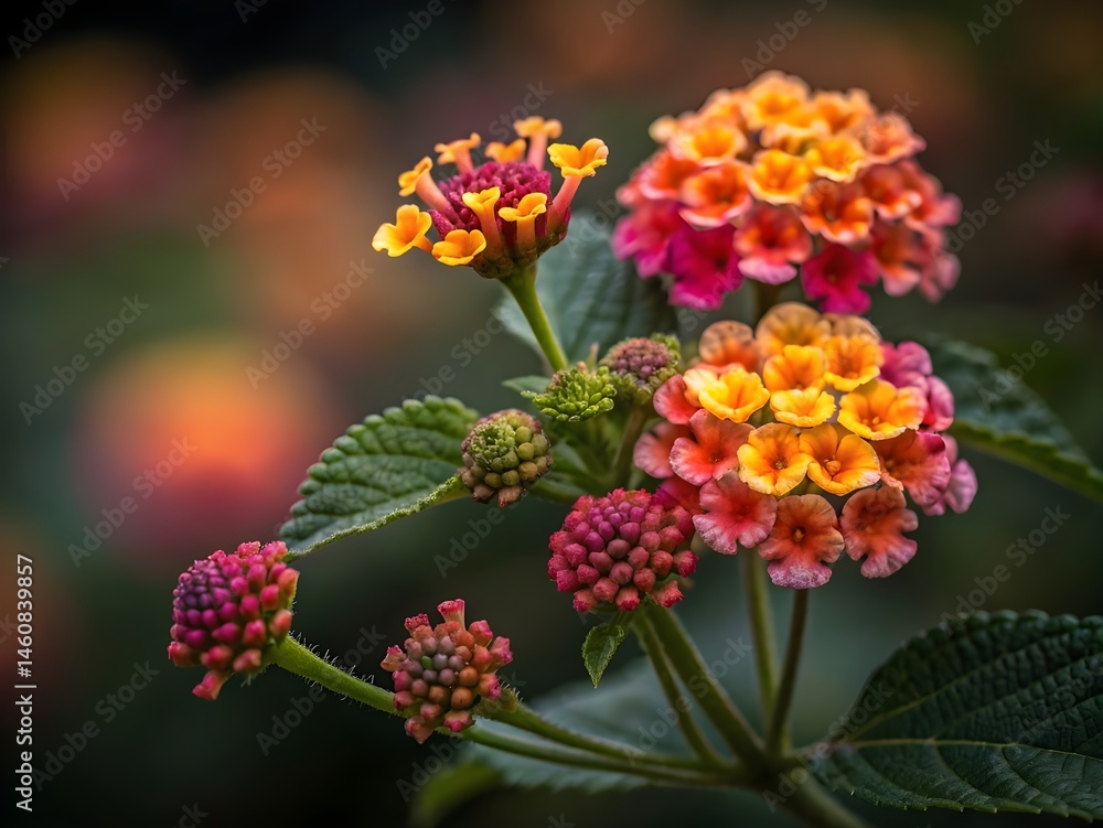 Vibrant lantana flowers in full bloom with lush green leaves against soft bokeh background Vibrant lantana flowers in full bloom with lush green leaves against soft bokeh background