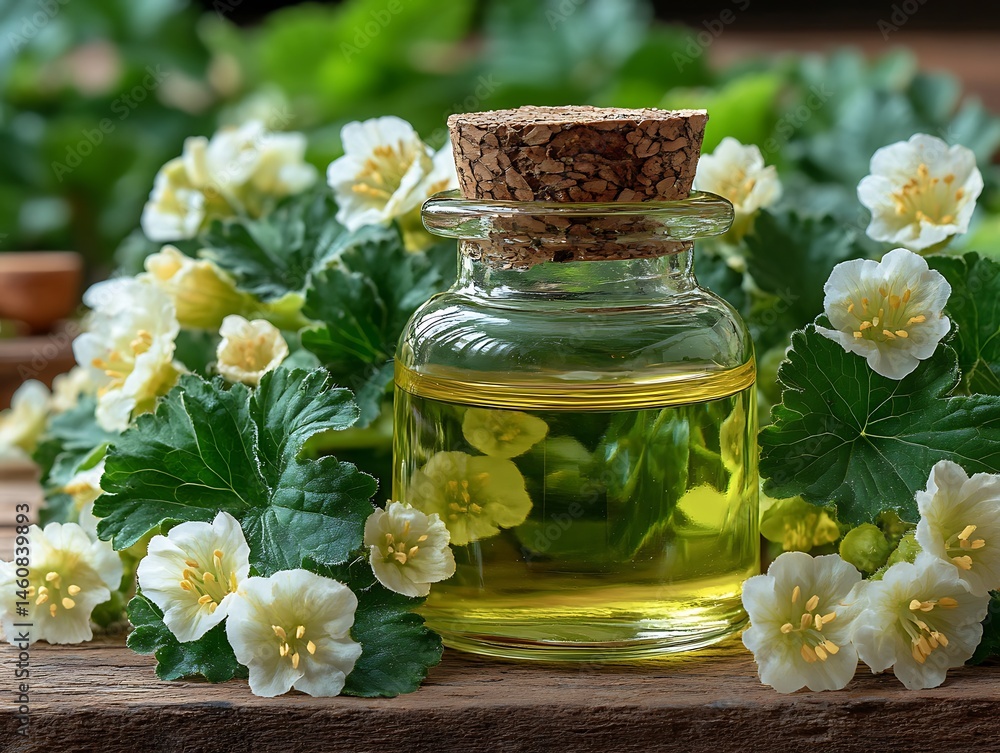 Herbal oil in glass bottle, surrounded by blossoms Herbal oil in glass bottle, surrounded by blossoms