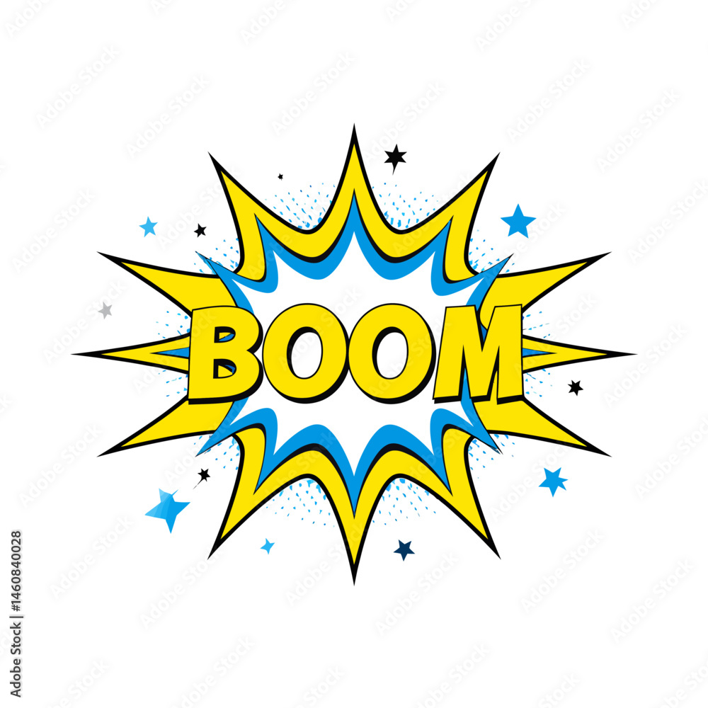 Comic style boom explosion with burst effect and halftone background design for advertising and promotions Comic style boom explosion with burst effect and halftone background design for advertising and promotions