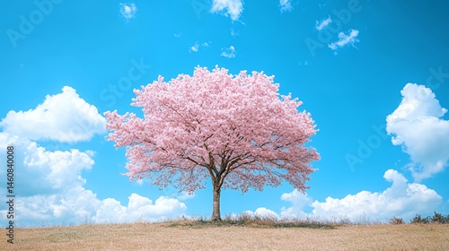 A solitary cherry blossom tree in full bloom against a vibrant blue sky.