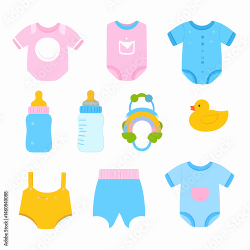 Cute baby clothes and accessories flat lay illustration for newborn apparel and baby products promotion design