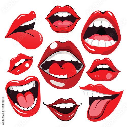 Collection of Red Lips Illustrations Open, Closed, and Tongue Out Expressions
