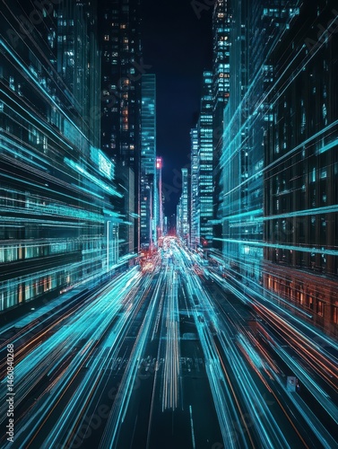 Cityscape at Night with Light Trails in New York City Vertical Perspective Modern Architecture Urban Scene